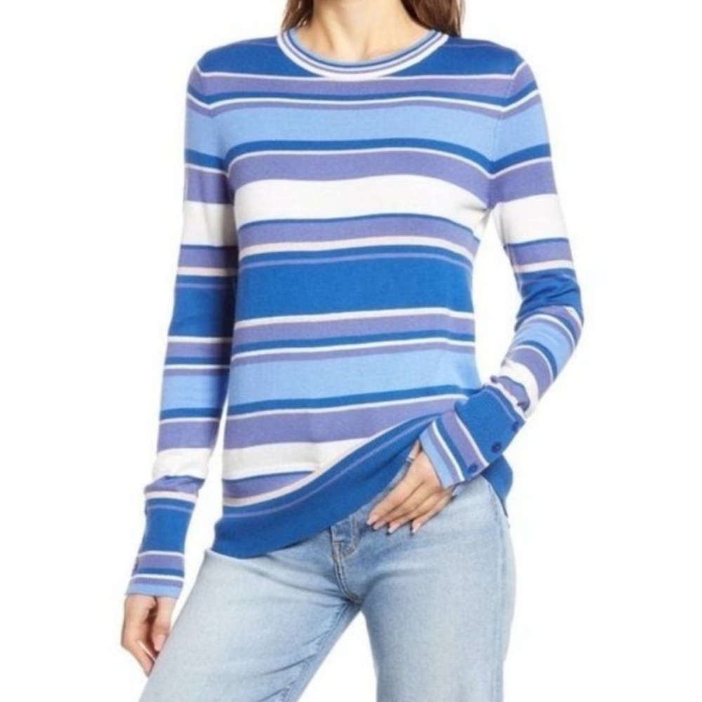 Halogen Blue‎ Stripe Crewneck Long Sleeve Rib Knit Sweater Button Sleeves